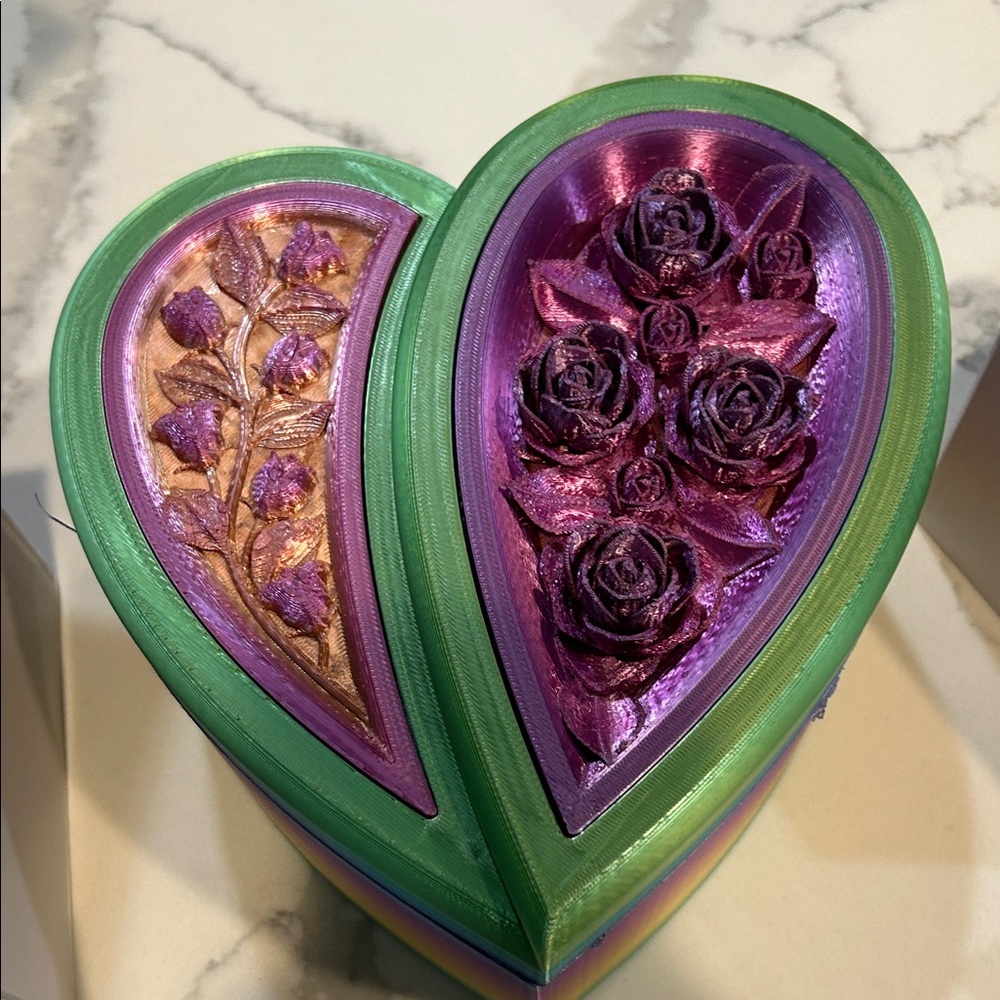 Heart-Shaped Floral Art Piece in Green and Purple Jewelry Box
